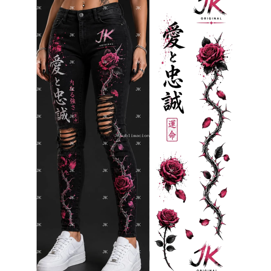 Diseño Digital Rosas Rojas y Espinas JK para Pantalón de Mujer