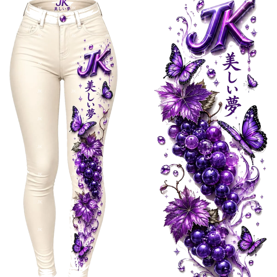 Diseño Digital JK Uvas, Flores y Mariposas para Pantalón de Mujer