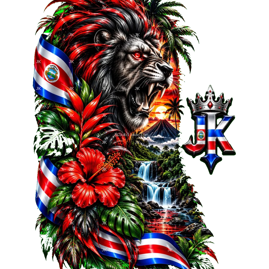 Diseño digital Costa Rica con león, volcán, cascada, flores tropicales y colores patrios para camisa — JK