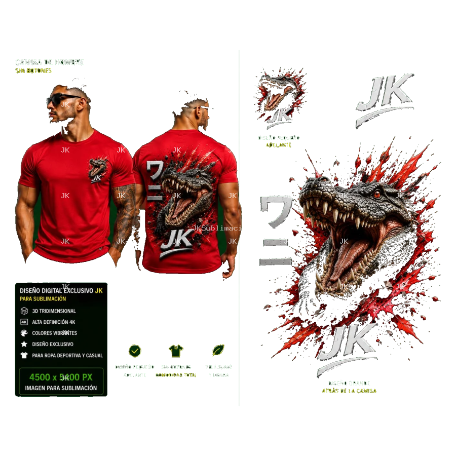 Diseño Digital JK Cocodrilo 3D Fuego para Camisa de Hombre