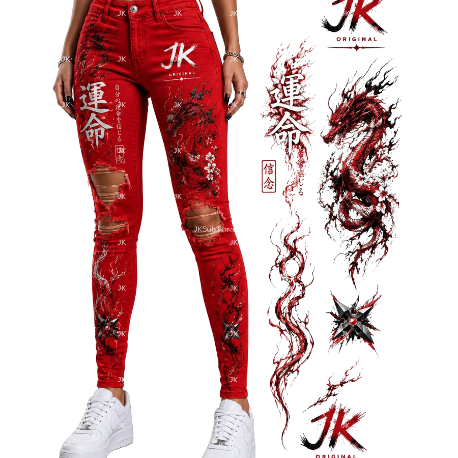 Diseño Digital Dragón Rojo JK para Pantalón de Mujer