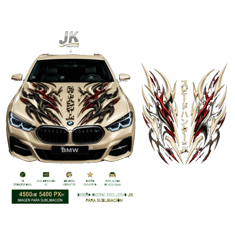 Diseño Digital JK Tribal para Tapa de Carro – Alas Tribales Rojo, Negro y Blanco
