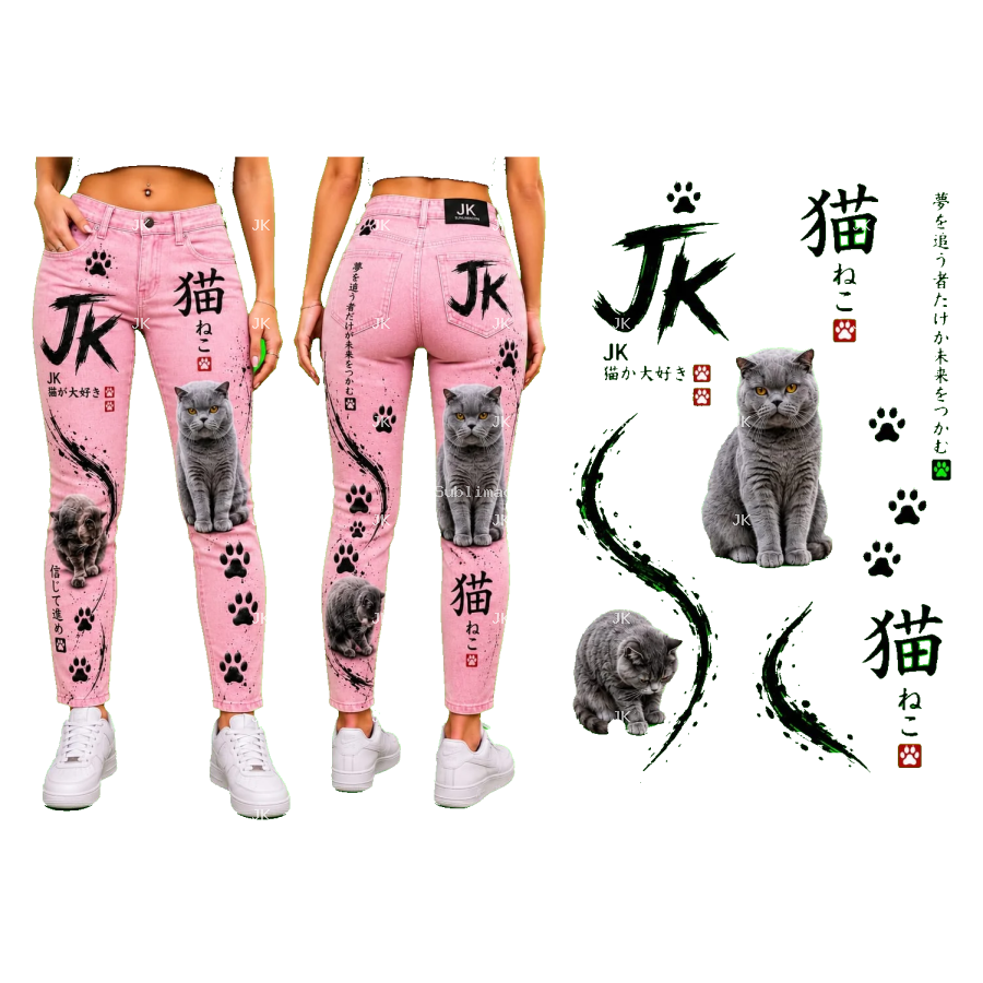 Diseño Digital JK de Gatos con Huellas y Letras Japonesas para Pantalón de Mujer – Sublimación y DTF