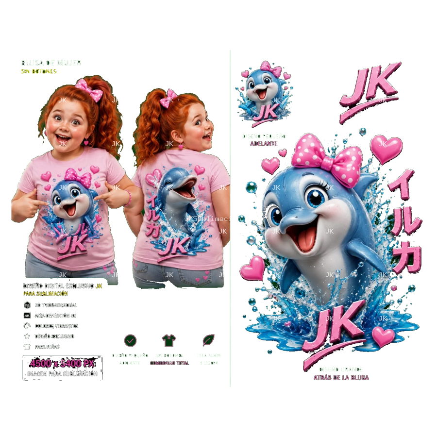 Diseño Digital JK Delfín Azul 3D con Lazo Rosa para Camisa de Niña