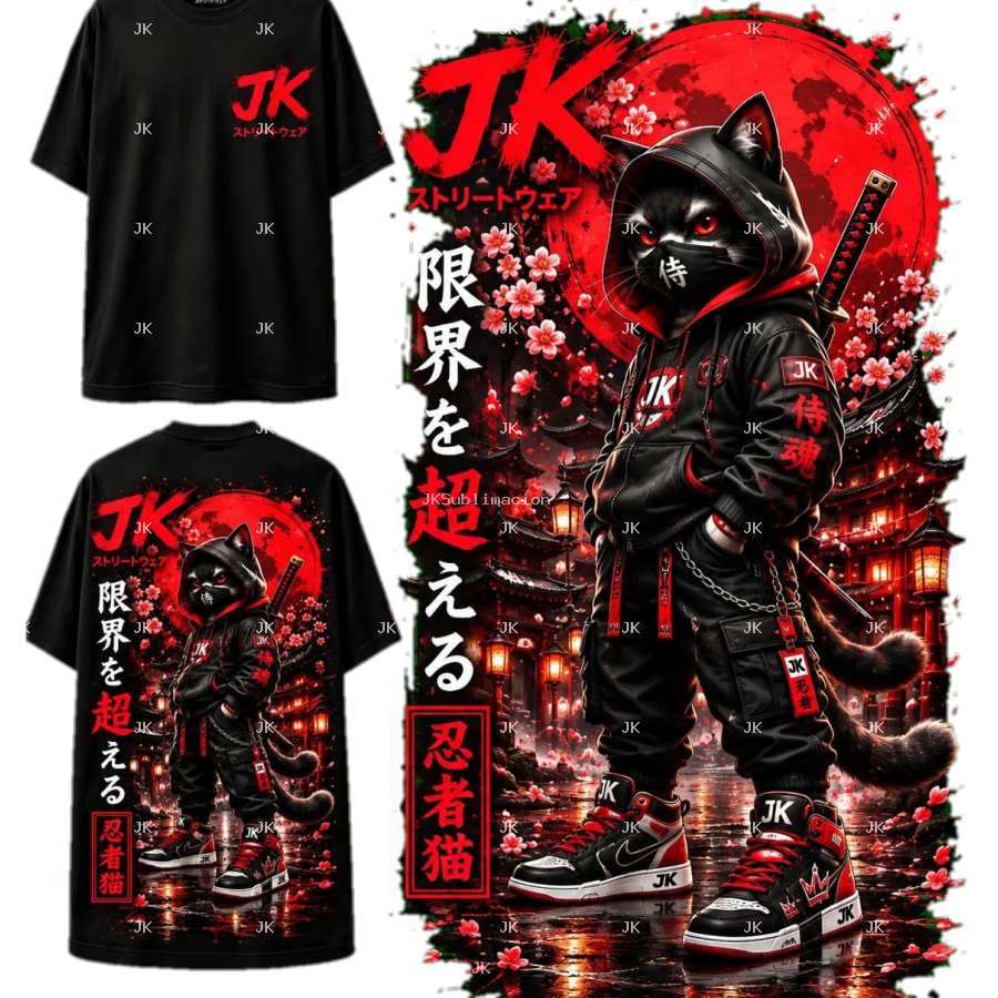 Camisa para Hombre – Gato Samurai Ninja JK con Letras Japonesas