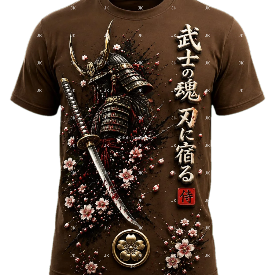 Diseño Digital Samurai con Katana y Flores Japonesas JK para Camisa de Hombre
