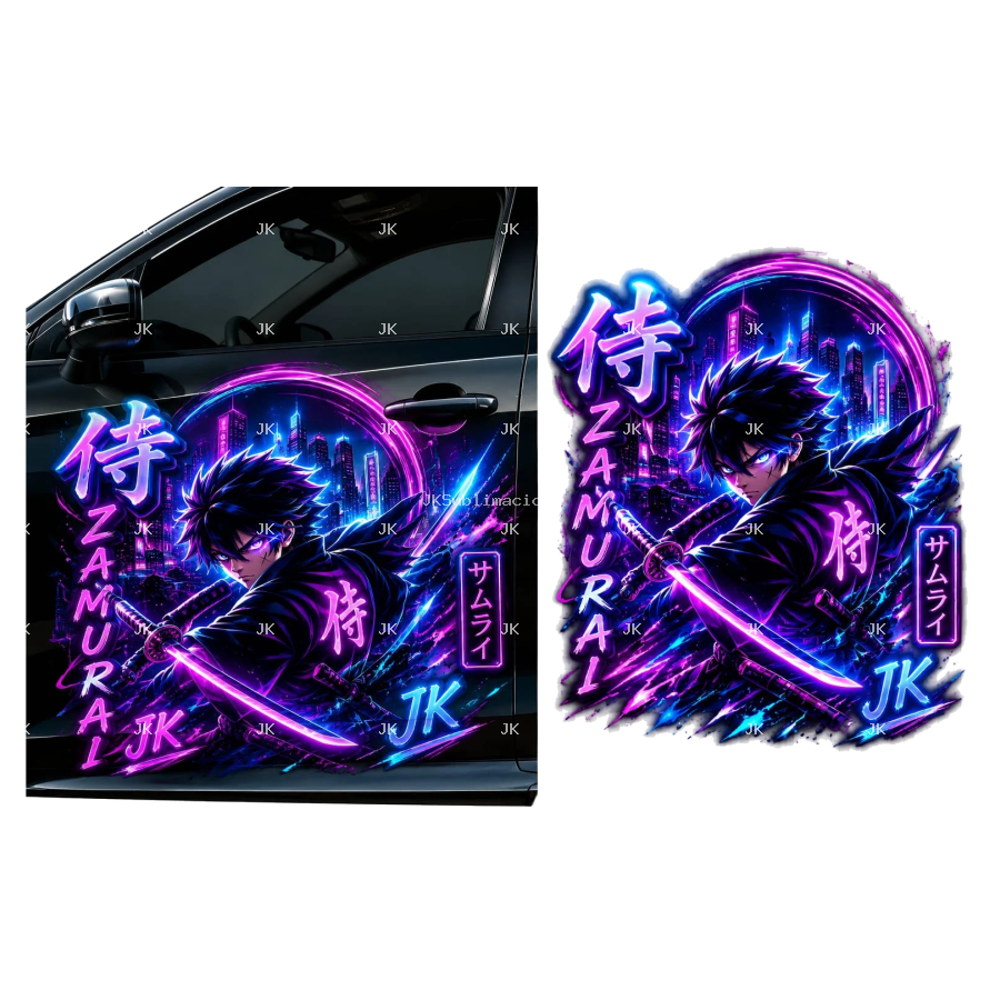 Diseño Digital para Puerta de Carro – Samurái Neón Azul y Rosa JK