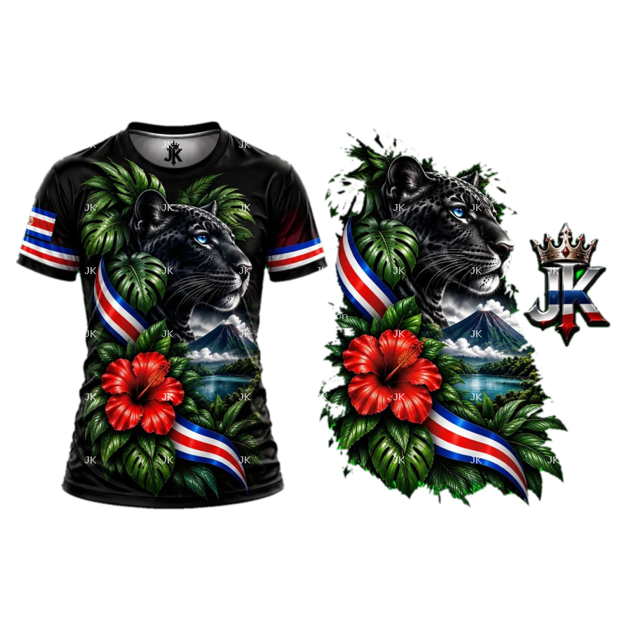 Diseño digital Costa Rica con pantera negra, volcán, cascada y flores tropicales para camisa — JK