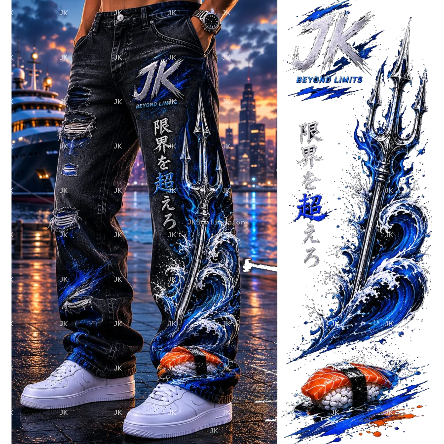 Diseño Digital JK Tridente de Agua y Sushi Japonés – para Pantalón de Hombre
