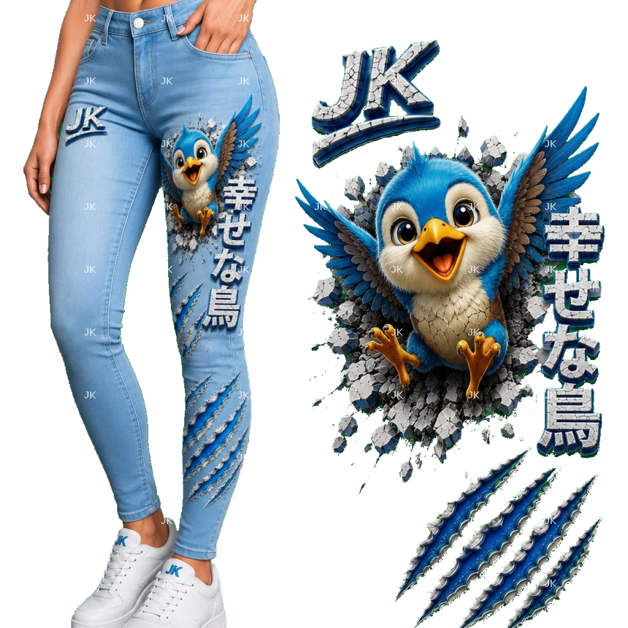Diseño Digital JK Pajarito Azul para Pantalón de Mujer – Estilo Tierno – Sublimación y DTF