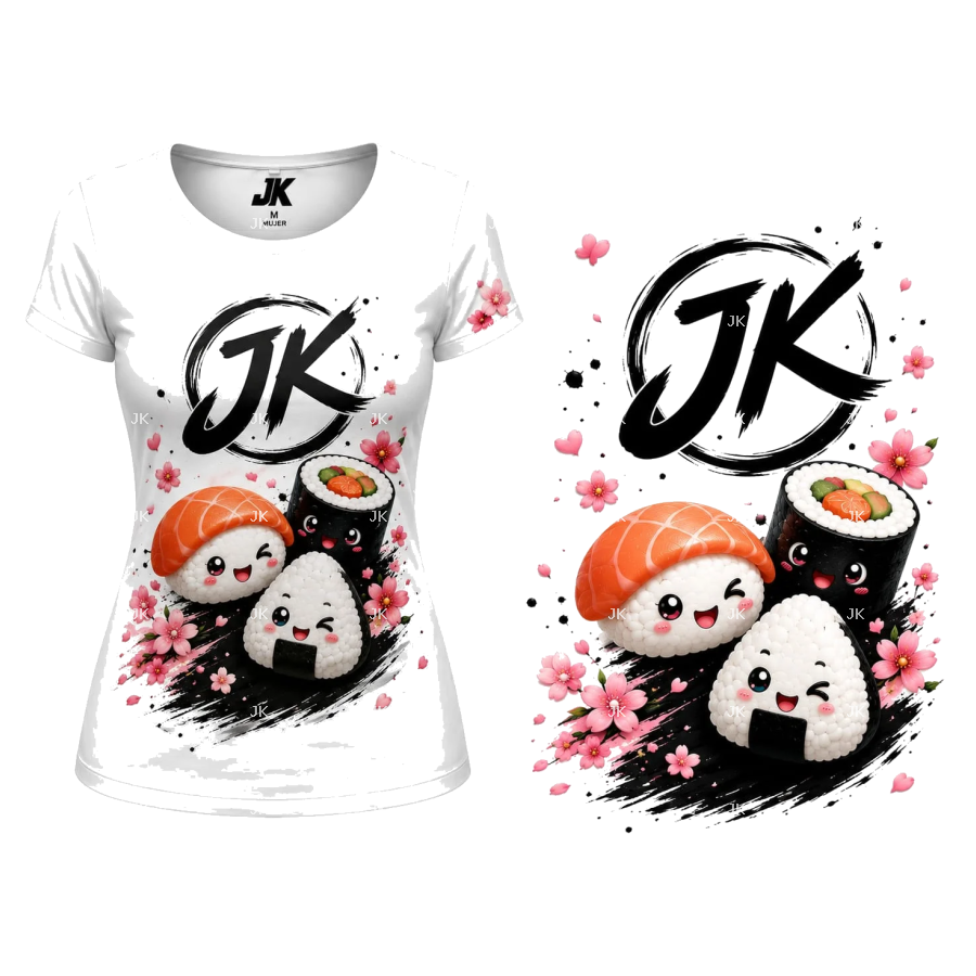 Diseño Digital JK Sushi Kawaii Japonés con Flores para Camisa de Mujer