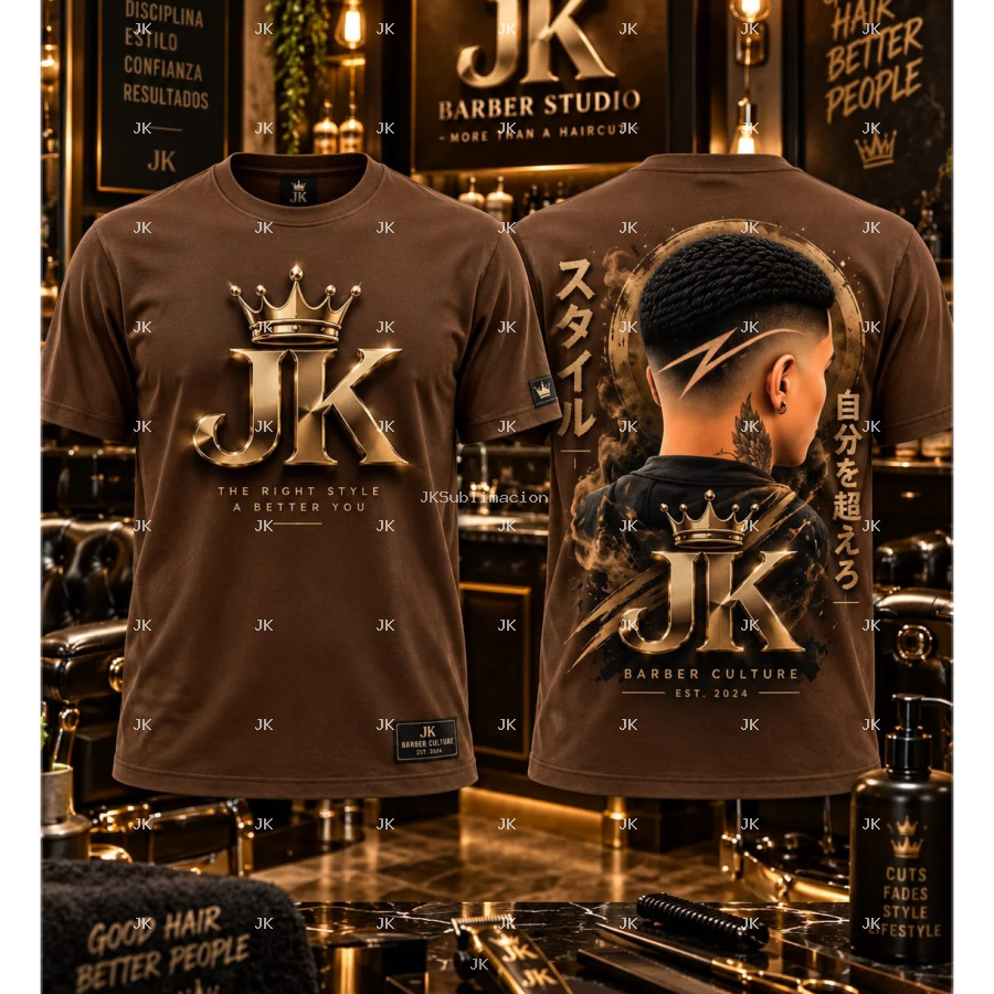 Diseño digital original JK Barber Studio para camisa de hombre — Corte degradado con líneas laterales