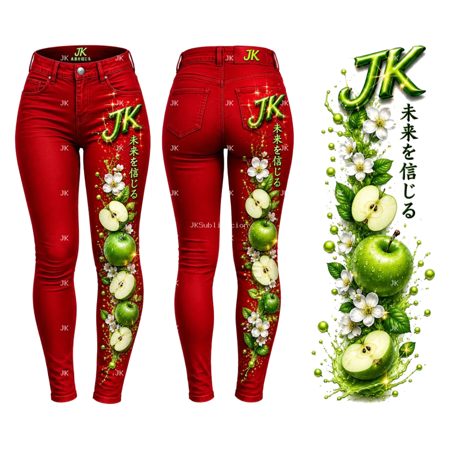 Diseño Digital JK Manzanas Verdes y Flores para Pantalón de Mujer