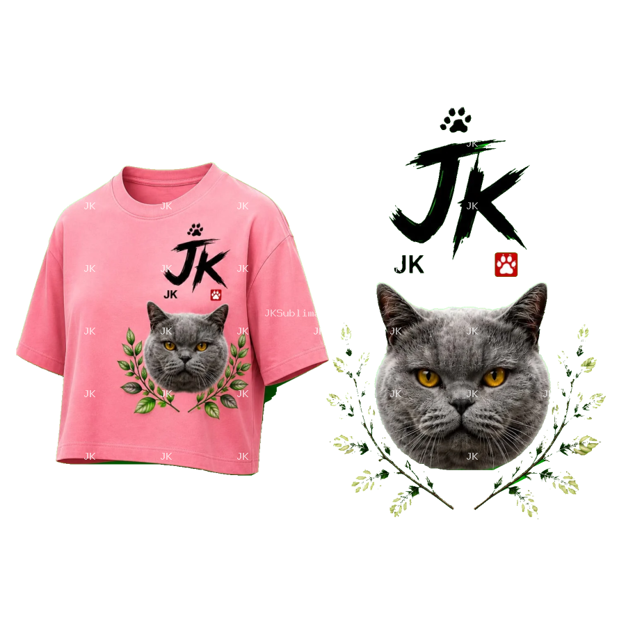 Diseño Digital JK de Gato Gris con Hojas y Detalles Japoneses para Camisa de Mujer – Sublimación y DTF