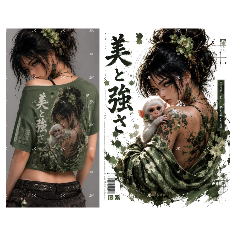Diseño Digital Mujer Japonesa con Mono y Naturaleza para Camisa de Mujer