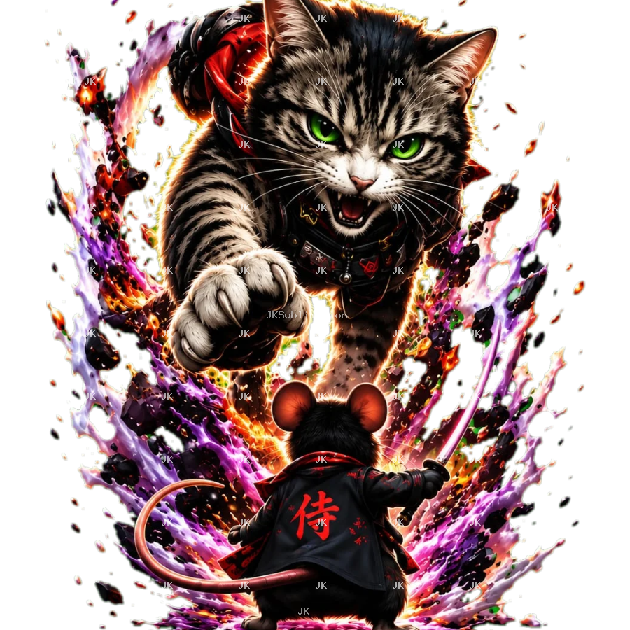 Diseño Digital Gato Gigante y Ratón Samurai 3D – JK