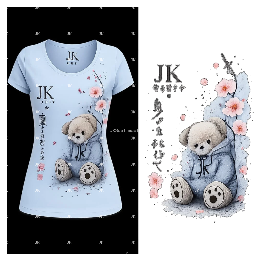 Diseño Digital JK Oso Tierno 3D con Flores para Camisa de Mujer