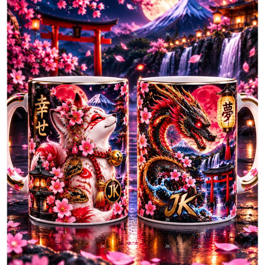 Pack de 2 Diseños Digitales JK Japoneses para Taza 11 oz – Gato de la Suerte y Dragón – 2460 × 1110 px – 300 DPI