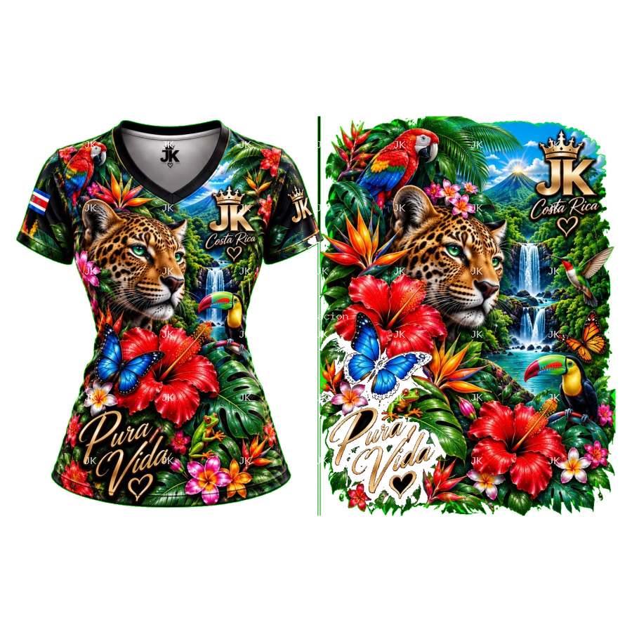 Diseño digital Pura Vida Costa Rica con jaguar, guacamaya, tucán y naturaleza tropical — JK