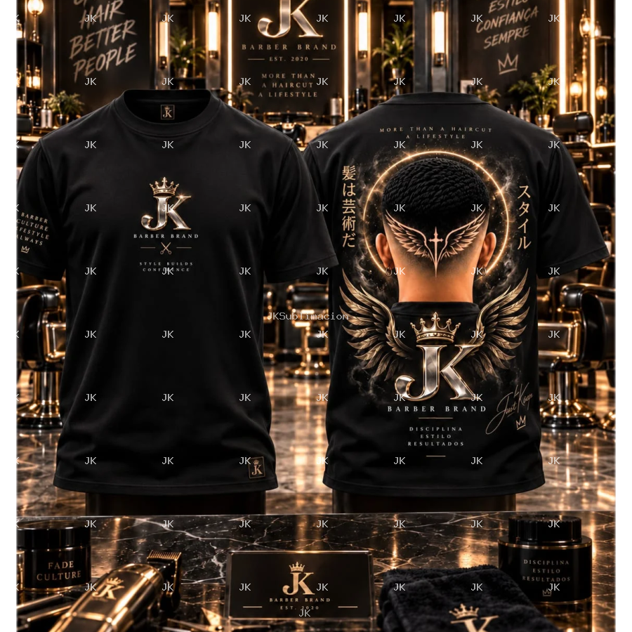 Diseño digital original JK Barber Studio para camisa de hombre — Corte degradado con alas