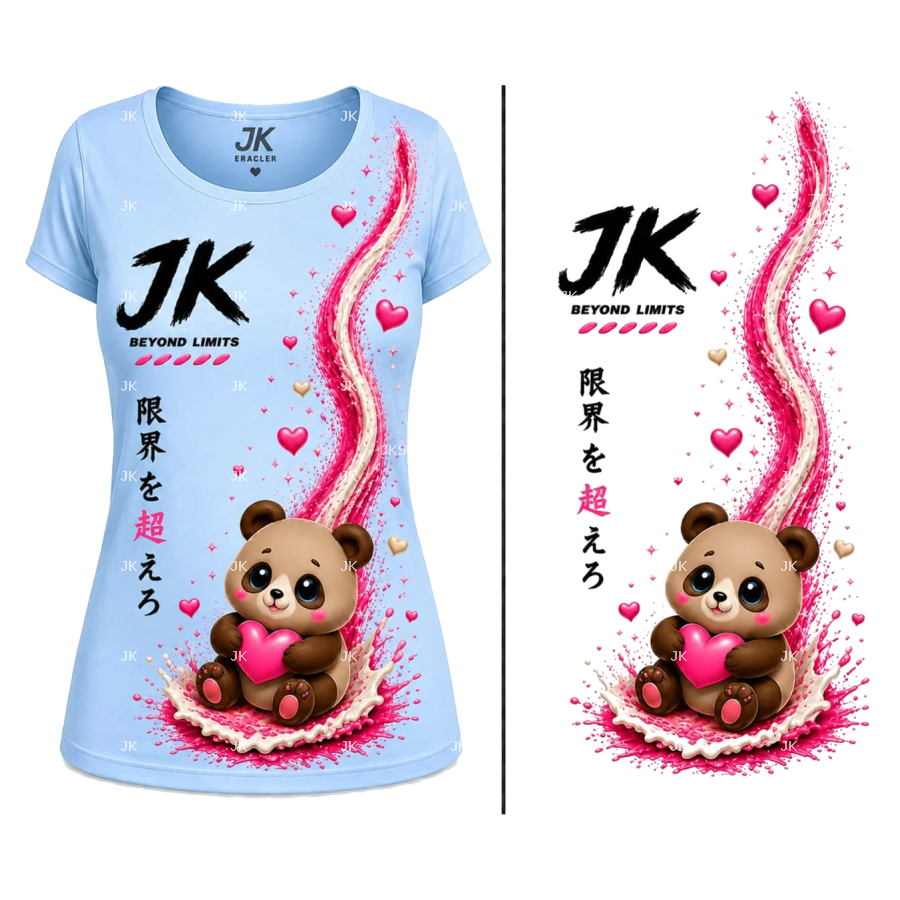 Diseño Digital JK Panda Tierno 3D con Corazones Rosa para Camisa de Mujer