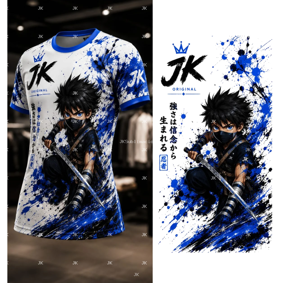 Diseño Digital Guerrero Ninja Azul 3D para Camisa de Niño – JK