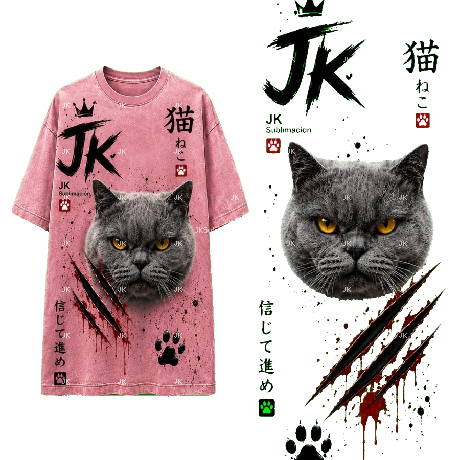 Diseño Digital JK de Gato Gris con Letras Japonesas para Camisa de Mujer – Sublimación y DTF