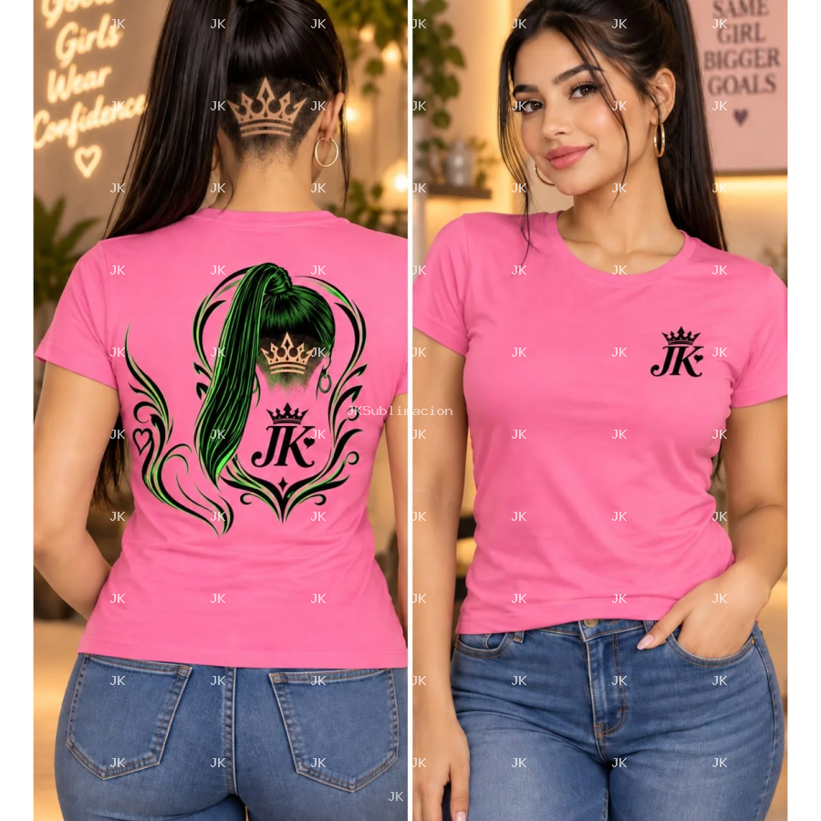 Diseño digital original JK Hair Art para camisa de mujer — Cola alta con detalles verdes y corona