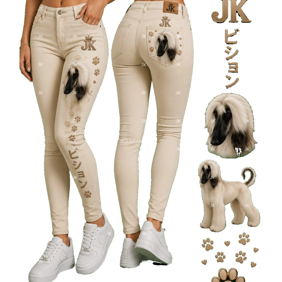 Diseño Digital JK de Perro con Huellas y Letras Japonesas para Pantalón de Mujer – Sublimación y DTF