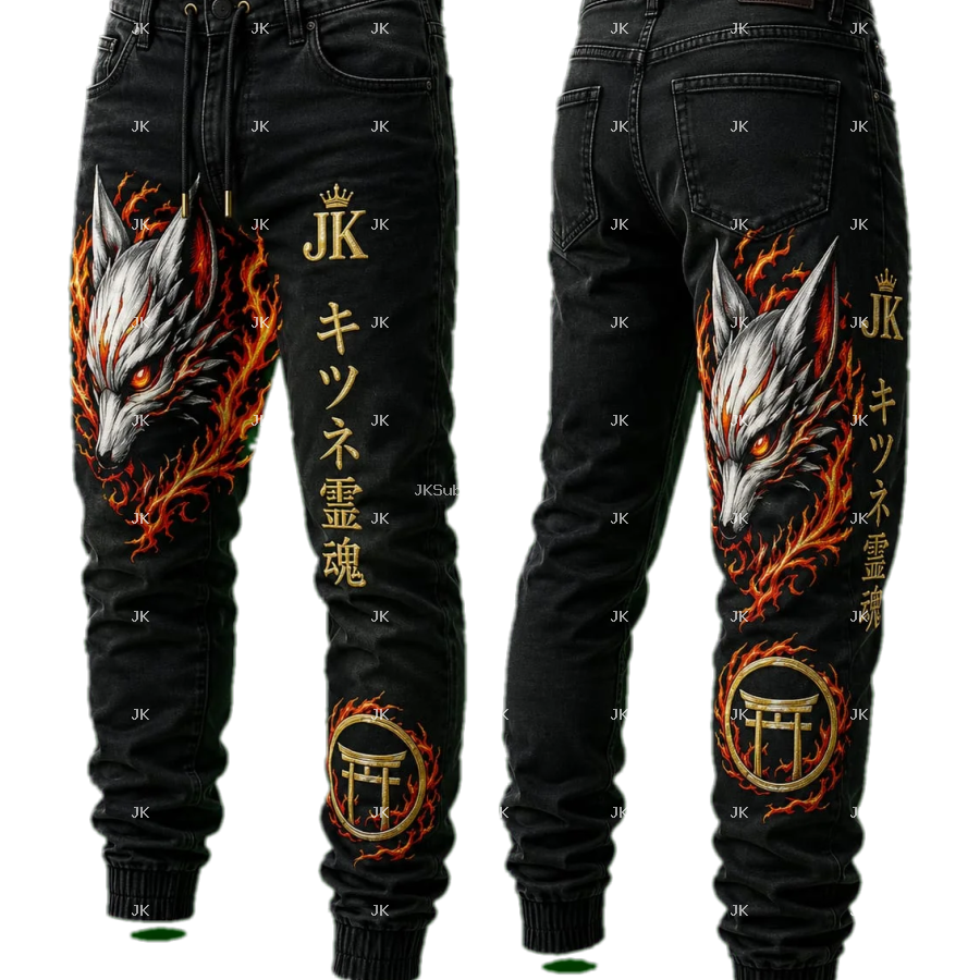 Diseño Digital Premium Kitsune de Fuego JK para Pantalón Negro de Hombre