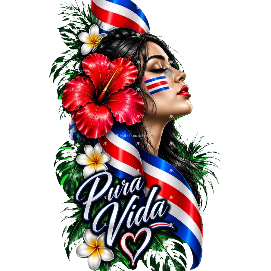 Diseño digital Pura Vida Costa Rica con mujer, flores tropicales y bandera — JK