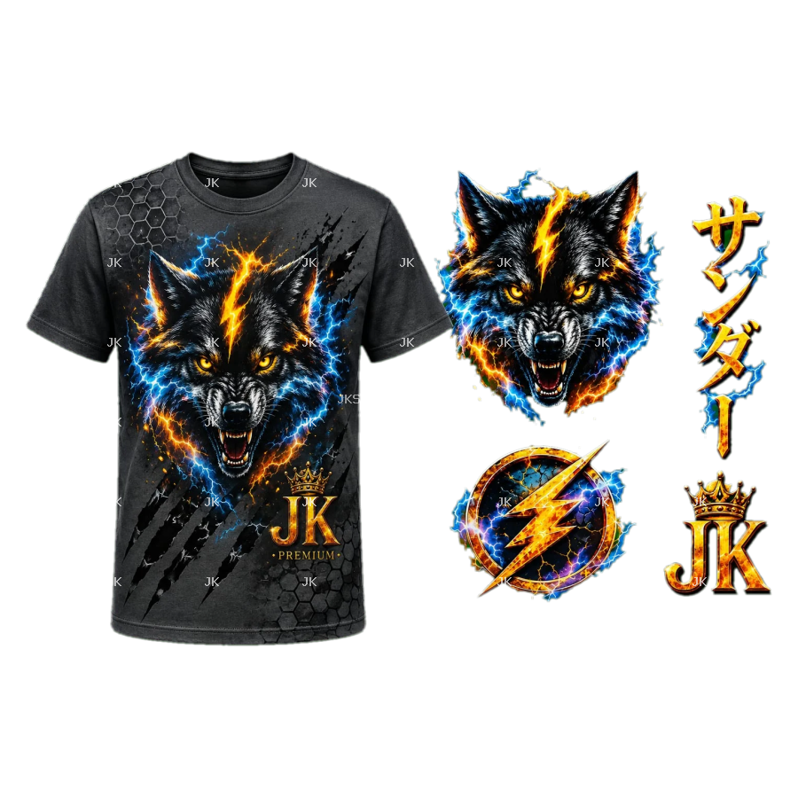 Diseño Digital Lobo Eléctrico Azul y Dorado JK para Camisa de Hombre