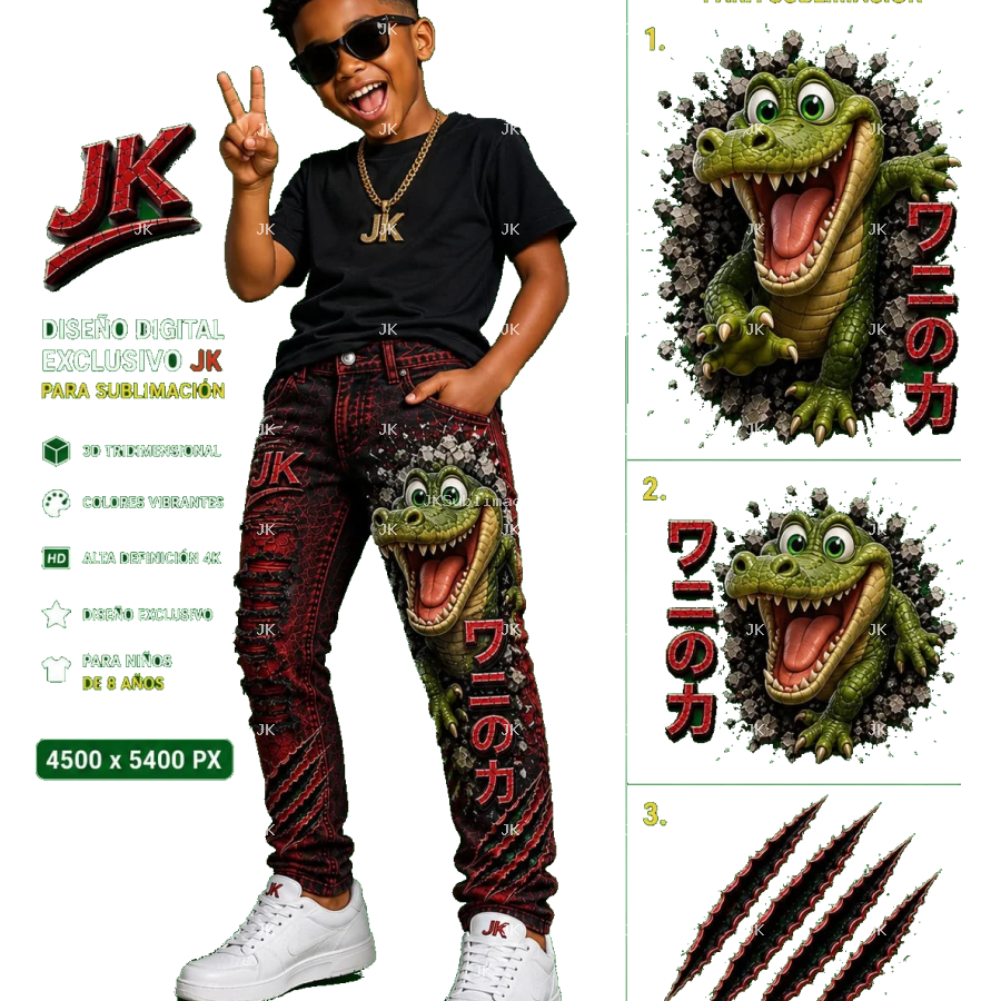 Diseño Digital Cocodrilo Divertido JK para Niño – Sublimación y DTF