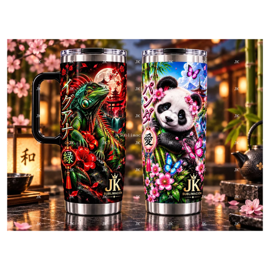 Dos imágenes digitales para termo de 30 oz — Iguana y Panda estilo japonés — JK