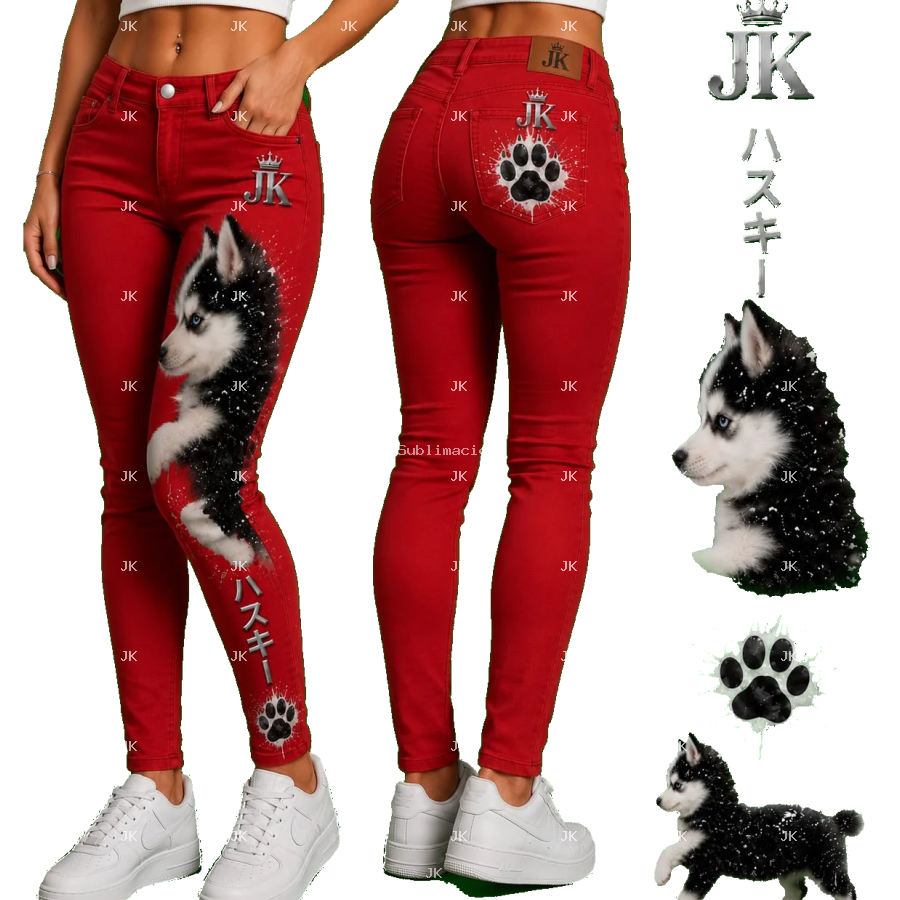 Diseño Digital JK de Perros Husky con Huella y Letras Japonesas para Pantalón de Mujer – Sublimación y DTF