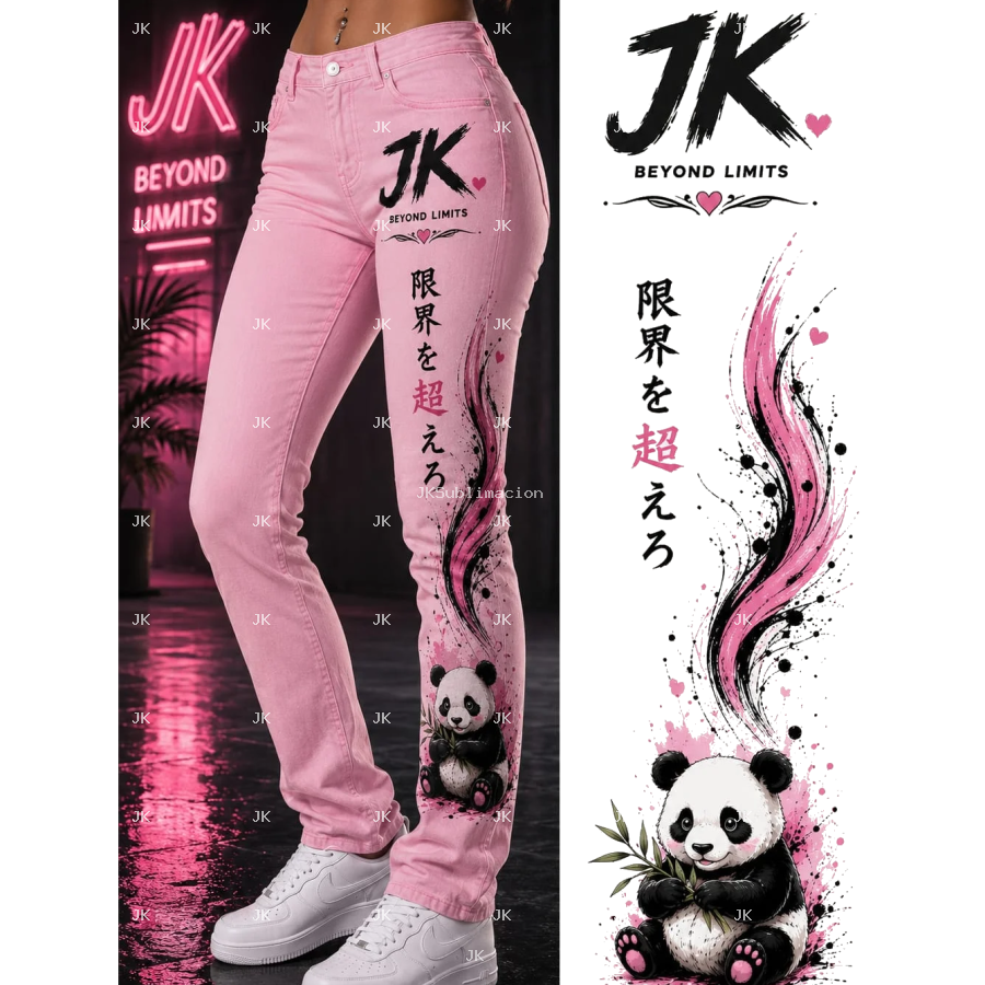 Diseño Digital JK Panda 3D Rosa con Letras Japonesas para Pantalón de Mujer
