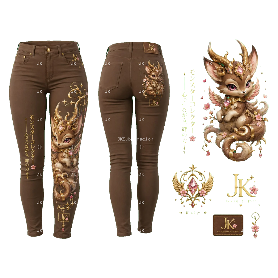 Diseño Digital JK para Pantalón Café de Mujer – Criatura Mágica Dorada Japonesa | PNG 4500 × 5400