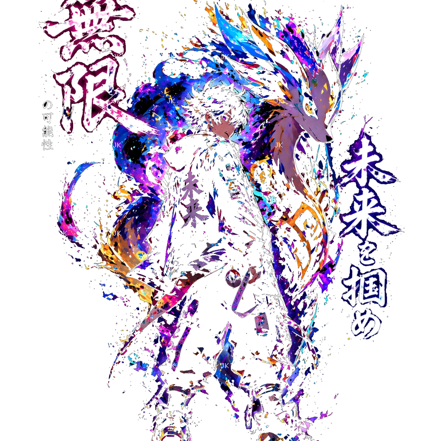 Guerrero Anime con Dragón de Energía – Estilo Neon Japonés 4500x5400 PNG Transparente