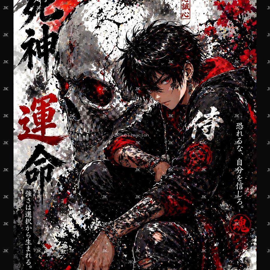 Samurái con Calavera Demonio – Arte Anime Japonés Oscuro 4500x5400 PNG Transparente para Sublimación