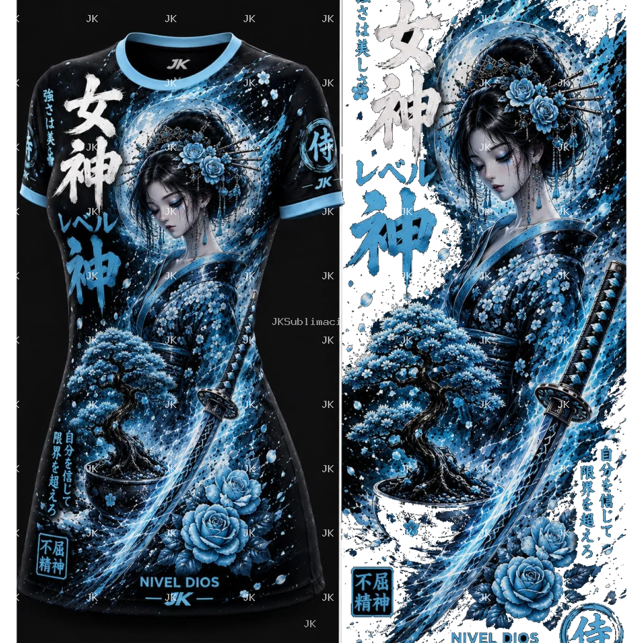 Camisa Mujer Samurai Azul JK – Katana Zamurai Anime PNG Transparente 4500x5400