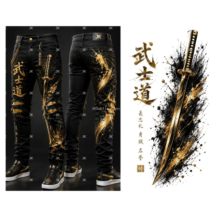 🗡️ Pantalón Hombre JK | Espada Dorada Samurai 3D PNG Transparente