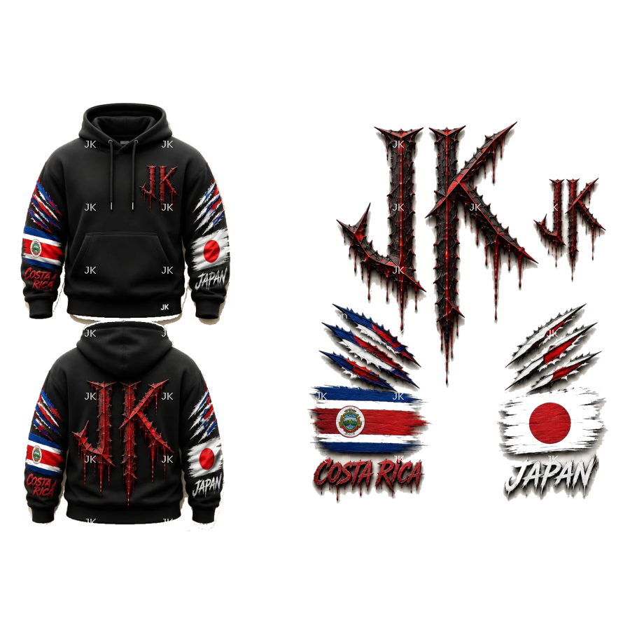Diseño para Sublimación – Sueta JK Negra y Roja con Banderas de Costa Rica y Japón | 4500x5400 px