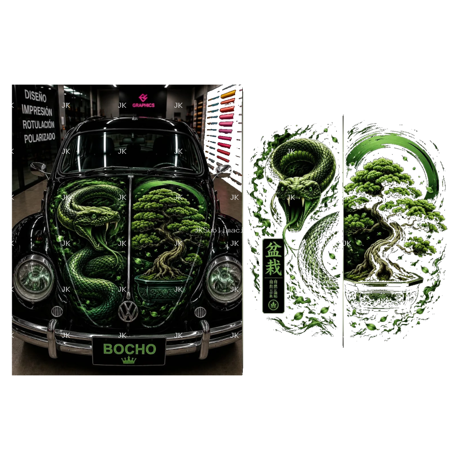 Bonsái y Serpiente Verde Neón – Diseño para Tapa de Volkswagen Bocho – 4500x5400