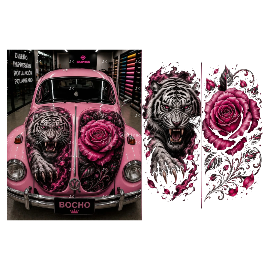 Tigre Blanco y Rosa Mística – Diseño para Tapa de Volkswagen Bocho – 4500x5400