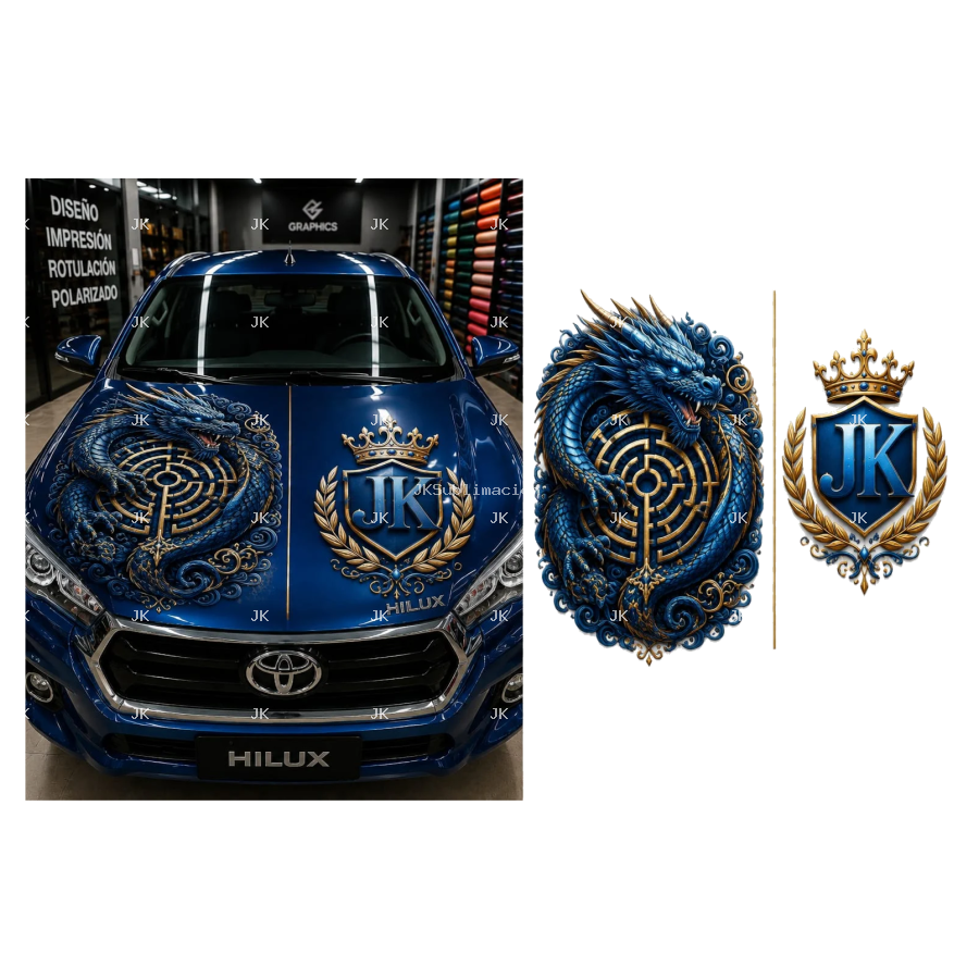 Dragón Azul Imperial y Escudo JK Real – Diseño para Tapa de Toyota Hilux – 4500x5400