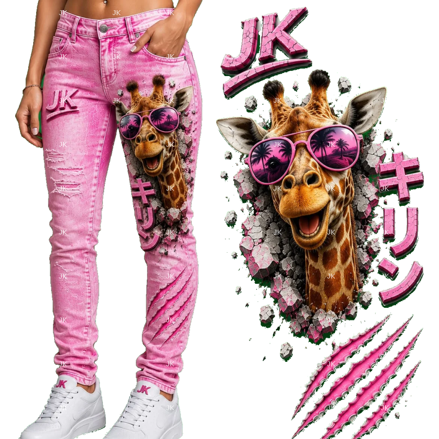 Diseño Digital JK Jirafa con Gafas para Pantalón de Mujer – Estilo Divertido – Sublimación y DTF