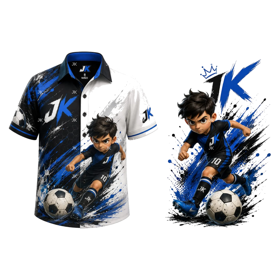 Diseño Digital 3D JK Fútbol Azul para Camisa de Niño