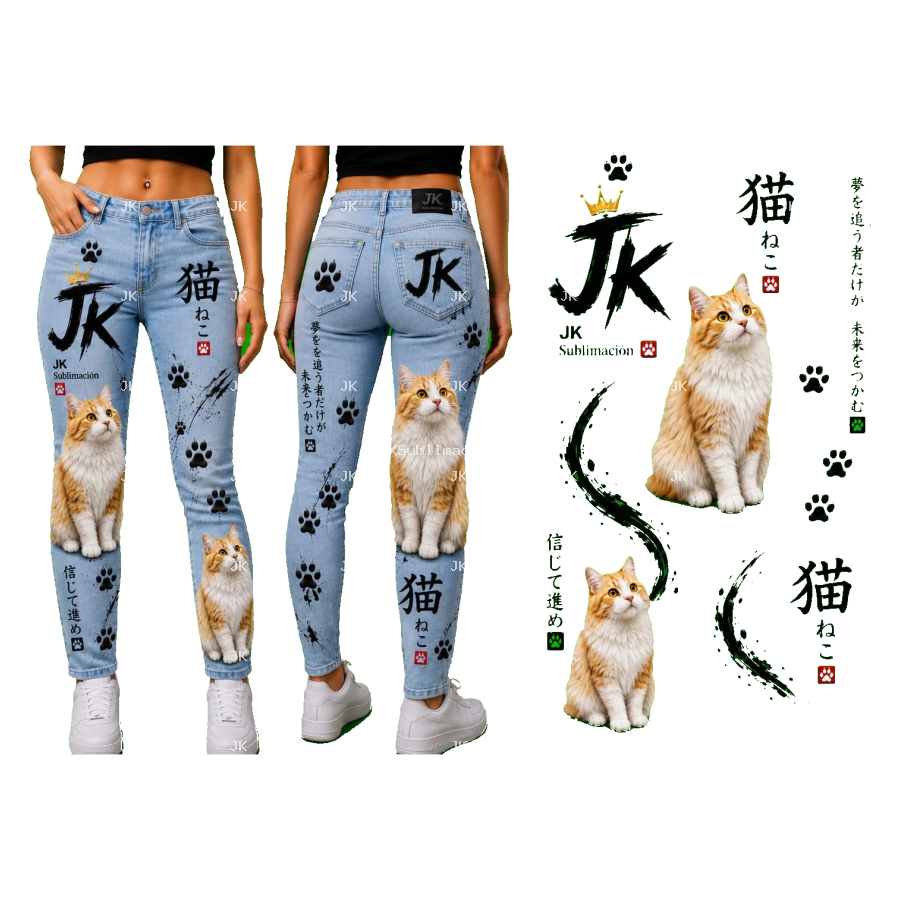 Diseño Digital JK de Gatos Naranja con Letras Japonesas para Pantalón de Mujer – Sublimación y DTF