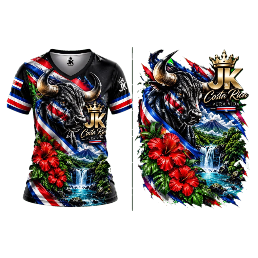 Diseño digital Costa Rica con toro, flores tropicales, cascada y colores patrios para camisa — JK
