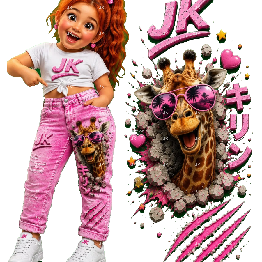 Diseño Digital JK Jirafa con Gafas 3D para Pantalón de Niña